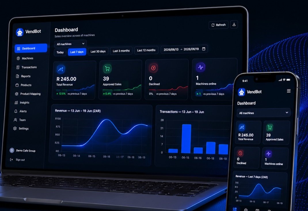 VendBot portal dashboard showing machine status, sales and connectivity
