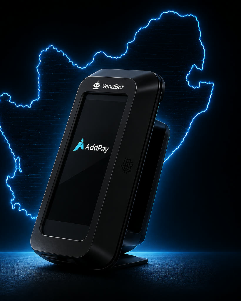 The VendBot P5L payment terminal in front of a glowing outline of South Africa (product render)