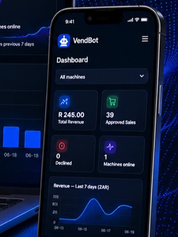 The VendBot portal dashboard on a phone, showing live machine status and sales