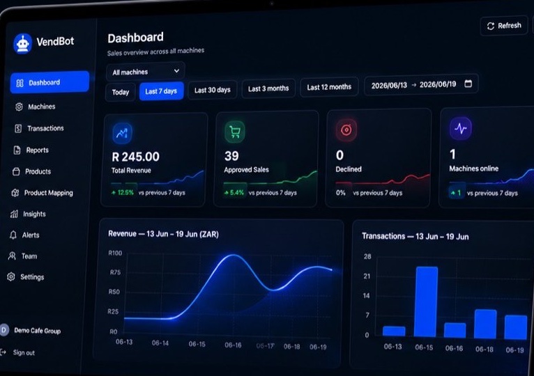 VendBot portal dashboard showing revenue, approved and declined sales and machines online for the morning check