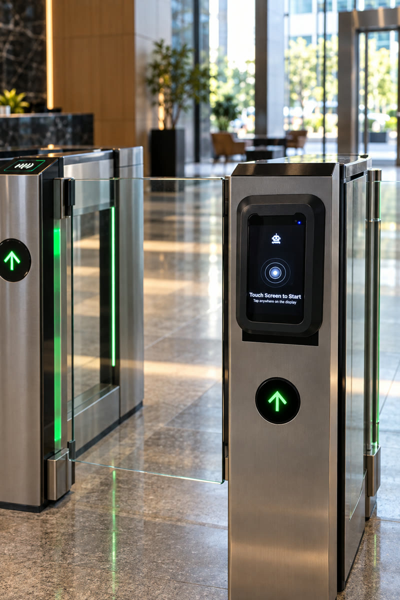 Illustration: a VendBot P5L terminal fitted to a lobby speed gate