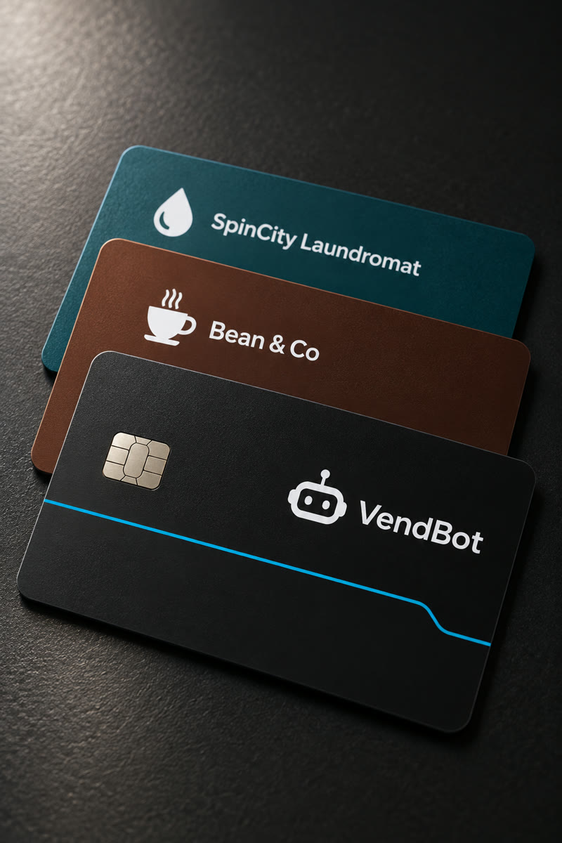 Illustration: three branded prepaid cards fanned out — a VendBot card and two operator-branded cards