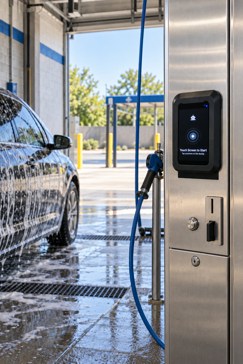 Illustration: a VendBot P5L terminal fitted to a self-service car-wash pedestal