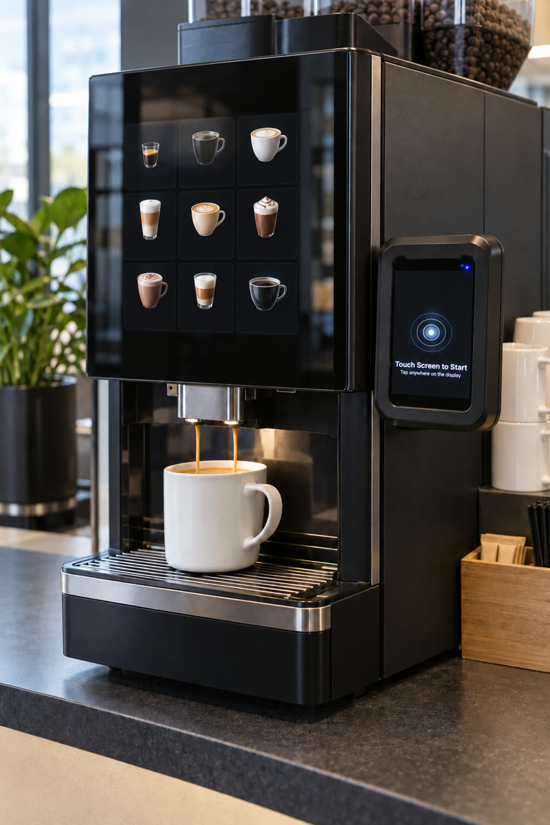 Illustration: a VendBot P5L terminal fitted to a bean-to-cup coffee machine