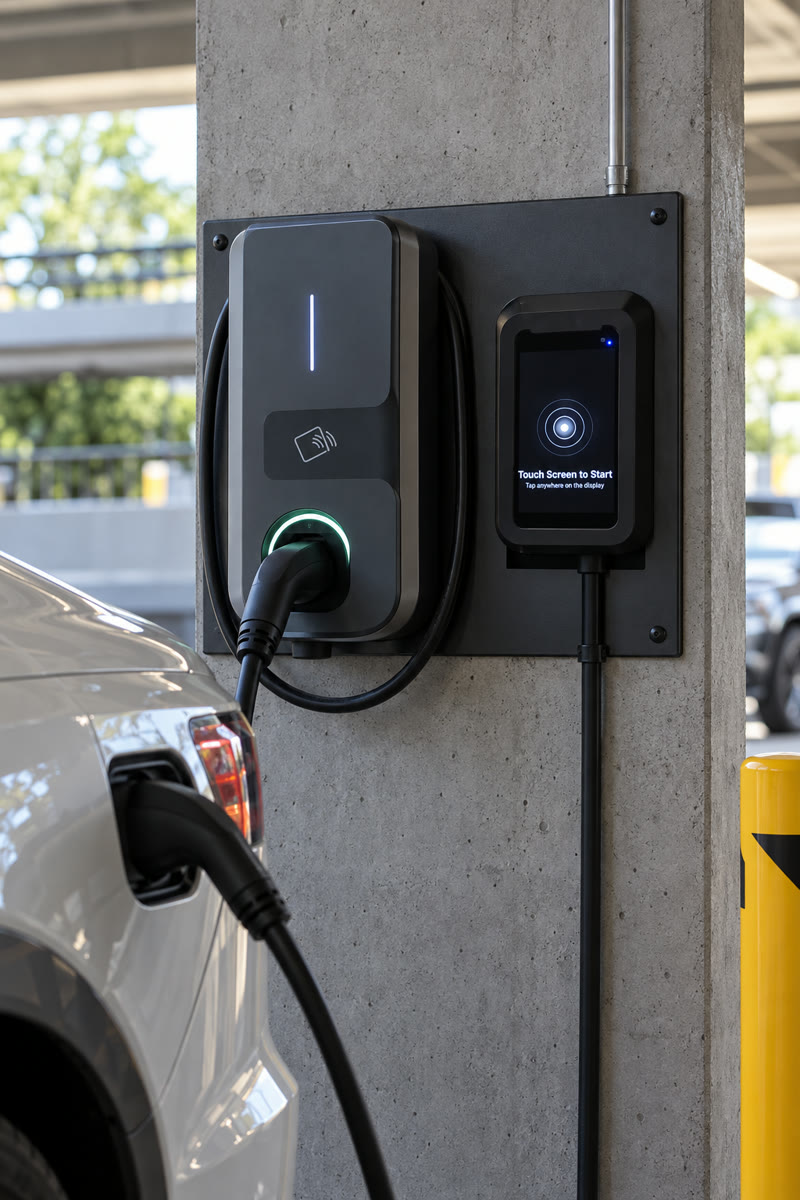 Illustration: a VendBot P5L terminal fitted to a wall-mounted EV charger
