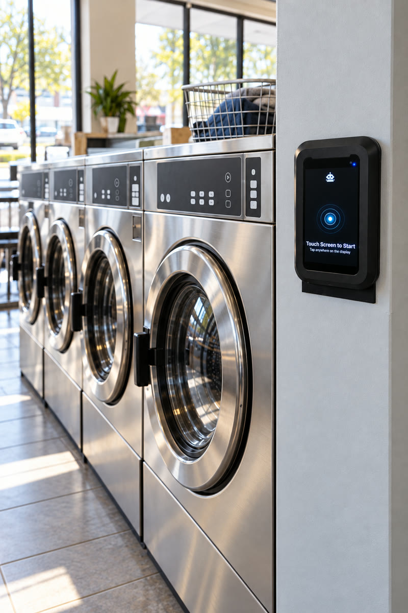 Illustration: a VendBot P5L terminal fitted to a laundromat washer row