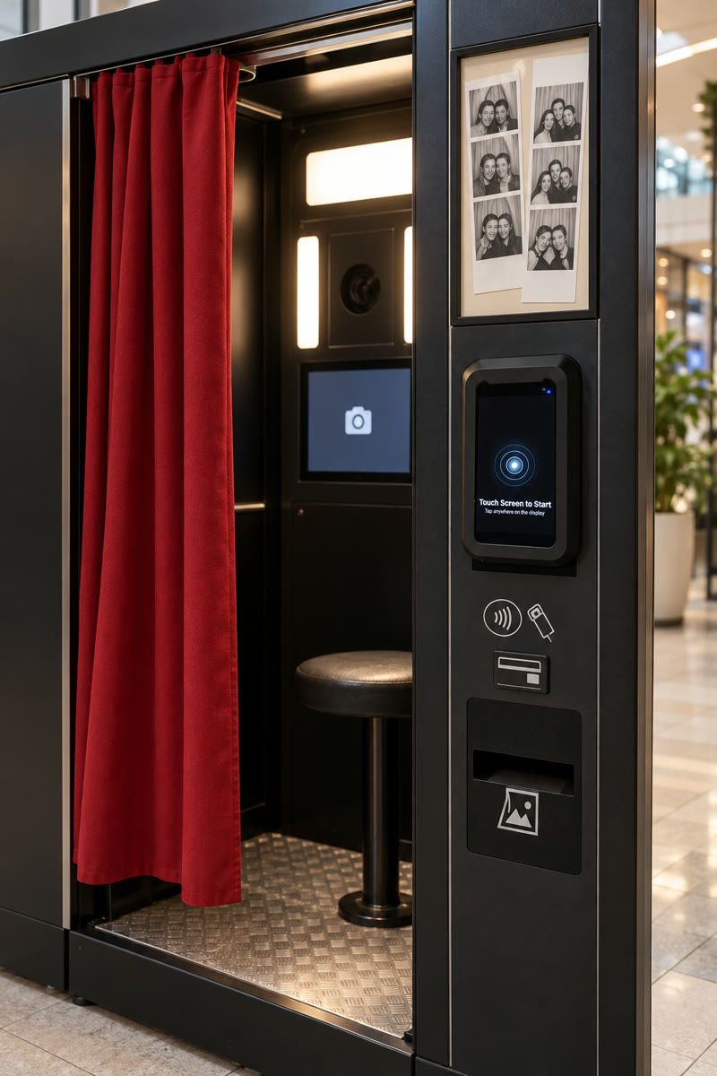 Illustration: a VendBot P5L terminal fitted to a photo booth