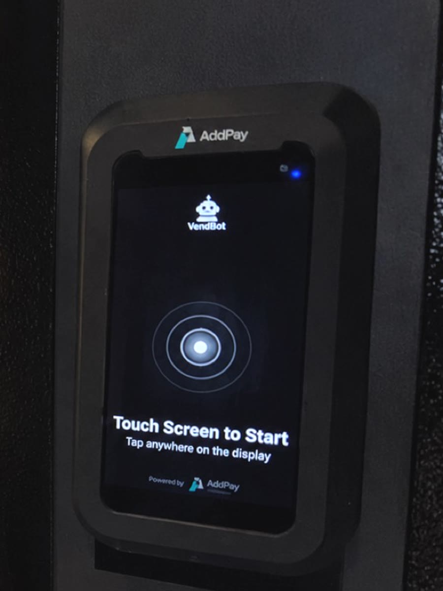 The VendBot P5L terminal showing the standard VendBot idle screen