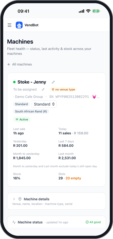 The VendBot app machine view: online status, last sale, today's and this month's takings and the stock level of one machine