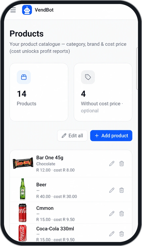 The VendBot app's product catalogue: 14 products, each with a photo, its selling price and cost price, and Edit all and Add product buttons