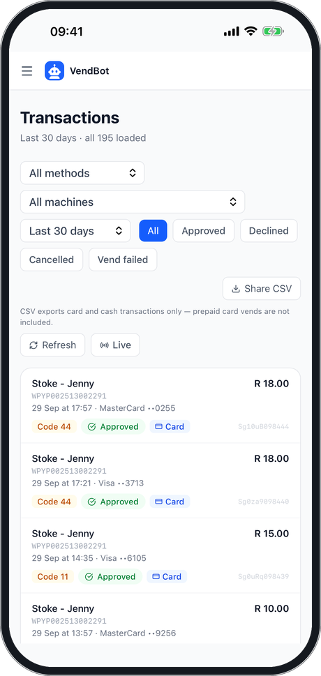 The VendBot app transactions list: card sales per machine with the card scheme and last four digits, and a Share CSV button